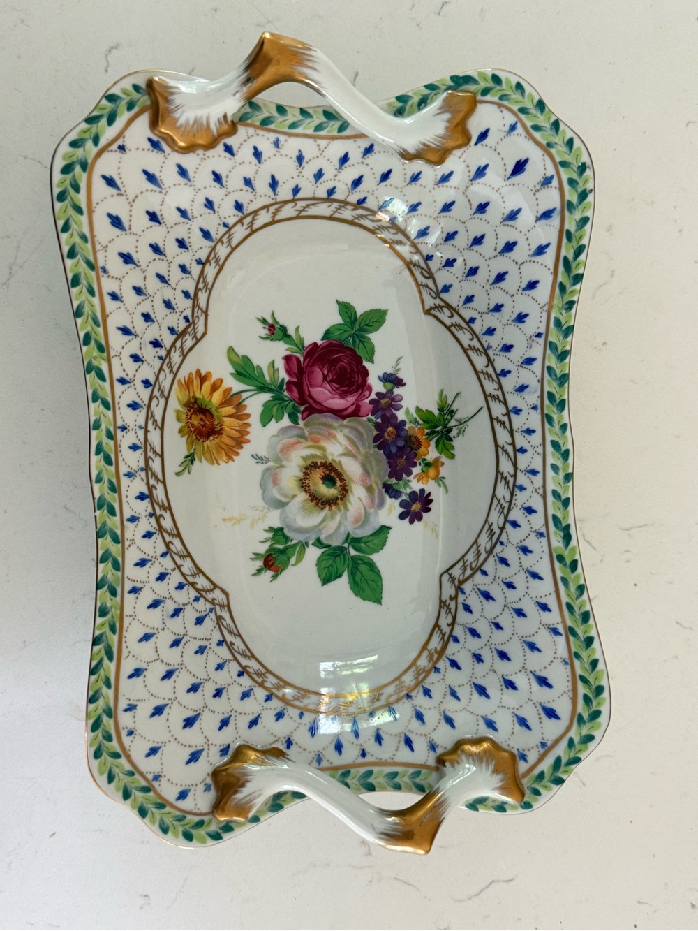Rare French Collectible Porcelain Shallow Oval Bowl with Gilded Accents